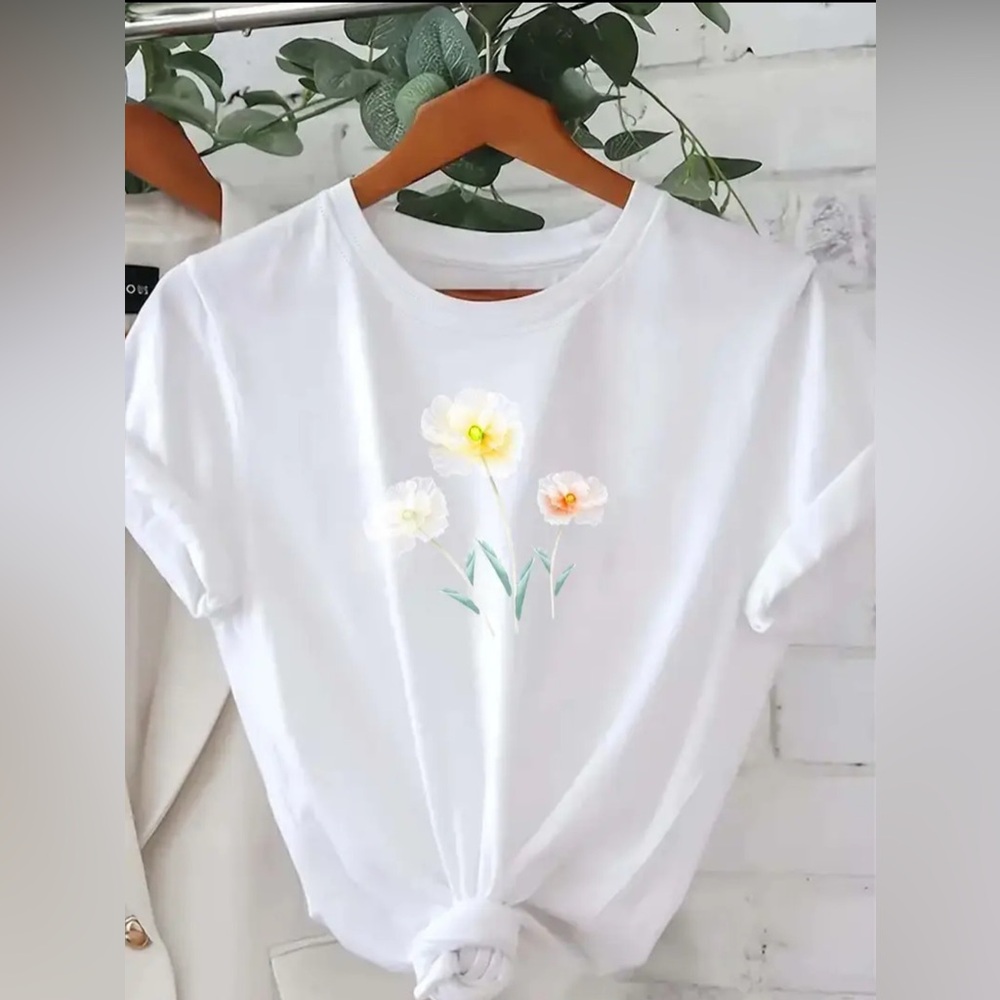 Floral White T-Shirt Size XXL 100% Cotton NEW